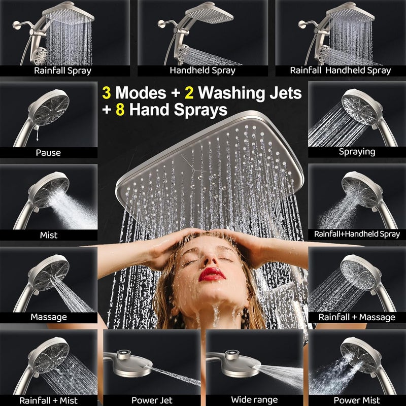 Razime Rain Shower Head with Handheld High Pressure rainfall Shower Heads with Handheld Spray Combo Adjustable one-piece stand daul shower head Built-in Magnetic Docking and Power Jets - Image 4